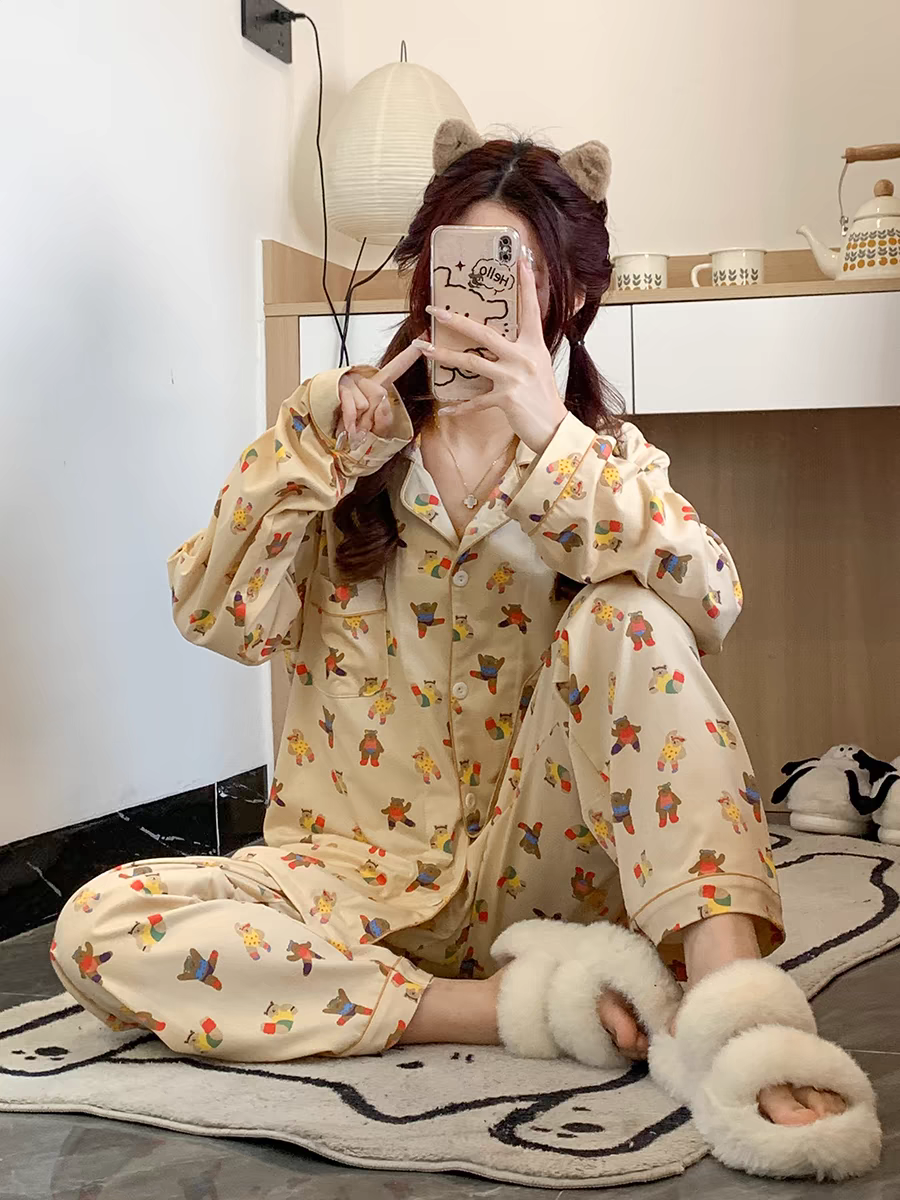 ins Japanese style small lapel long-sleeved pajamas for women spring and autumn cute bear print cardigan home wear women's suit