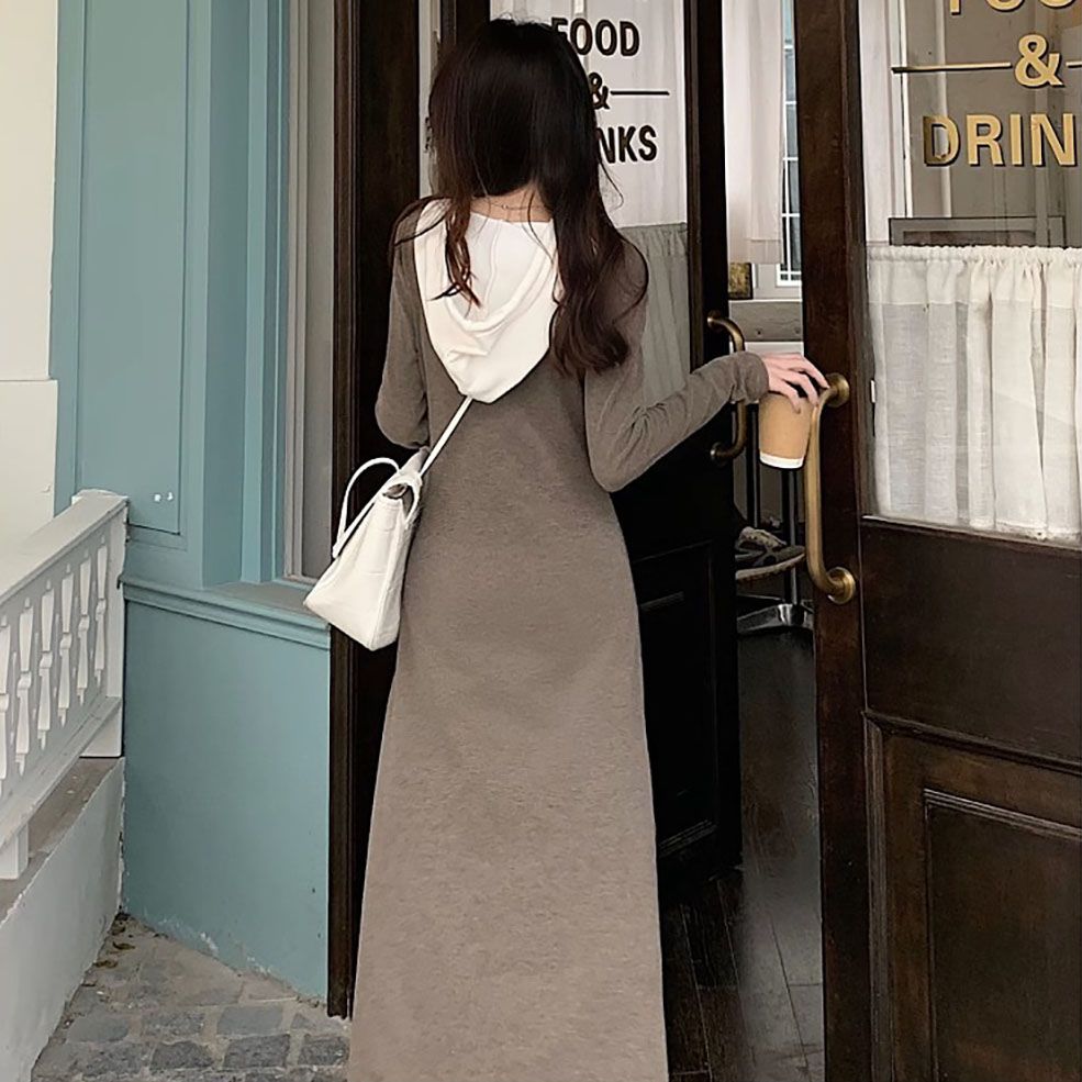 Korean style long-sleeved hooded dress for women, age-reducing waist, slimming and flesh-covering, young lace-up over-the-knee long skirt