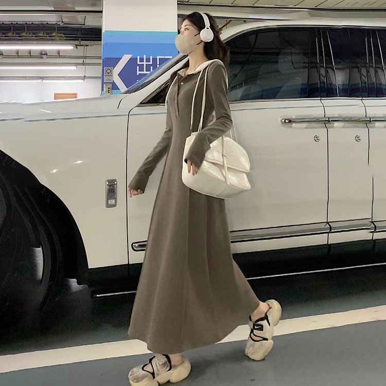 Korean style long-sleeved hooded dress for women, age-reducing waist, slimming and flesh-covering, young lace-up over-the-knee long skirt