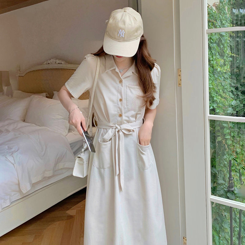 Shirt Dress Summer New Korean Style Loose Over-the-Knee Long Skirt Women's Slim Temperament Casual Strap Commuting Skirt