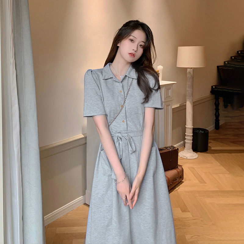 Summer POLO collar shirt dress, casual, solid color mid-length skirt, women's strappy, simple, slimming, flesh-covering A-line skirt