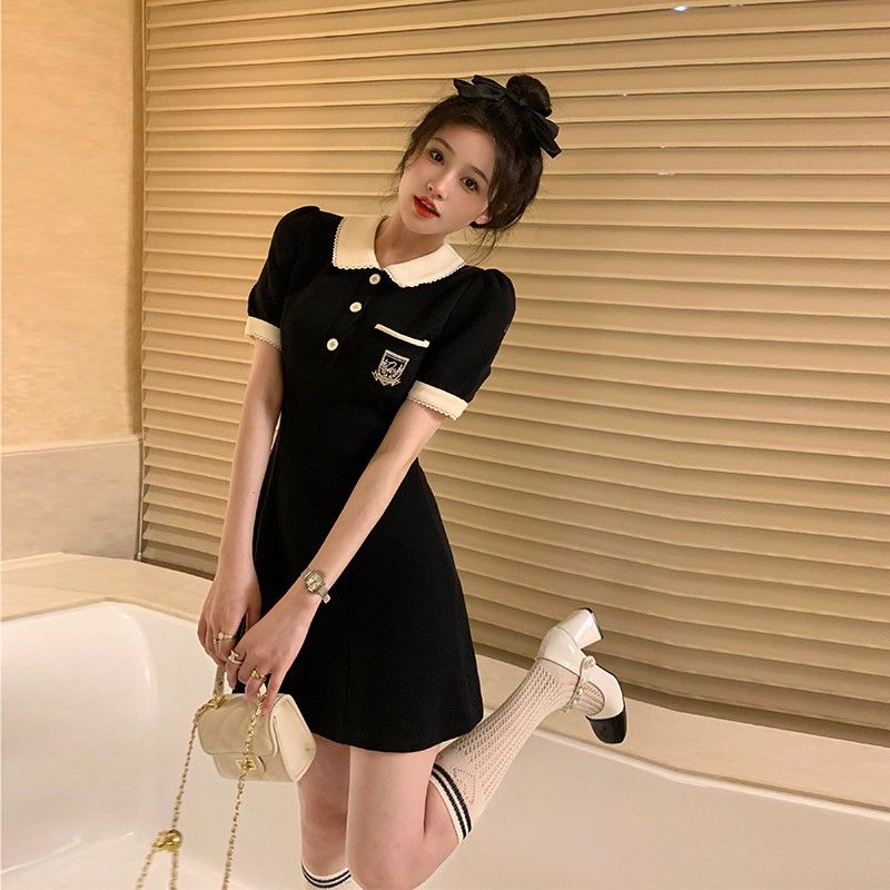 Pure lustful style, sweet and spicy contrasting color Polo dress, waist slimming skirt, summer women's versatile splicing skirt