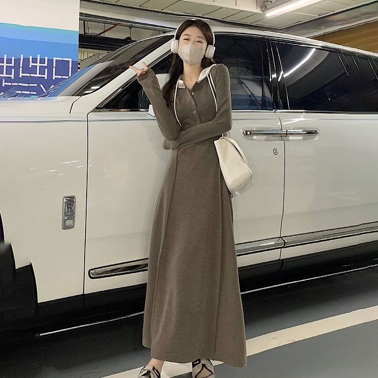 Korean style long-sleeved hooded dress for women, age-reducing waist, slimming and flesh-covering, young lace-up over-the-knee long skirt