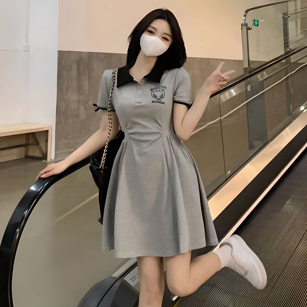 Summer college style waist dress POLO sweet temperament slimming stitching contrasting color short-sleeved women's A-line skirt