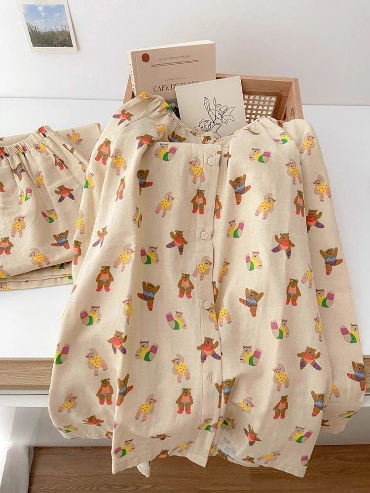Sweet ins Japanese pajamas for women spring and autumn 2024 new cute bear long-sleeved cardigan home wear set