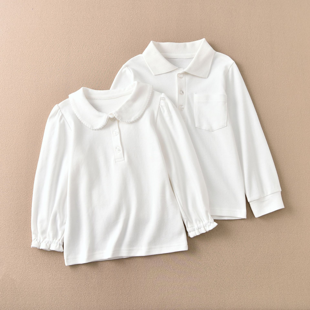 Japanese solid color pure cotton children's white T-shirt long-sleeved shirt bottoming shirt for men and women baby lapel children's clothing tops spring and autumn