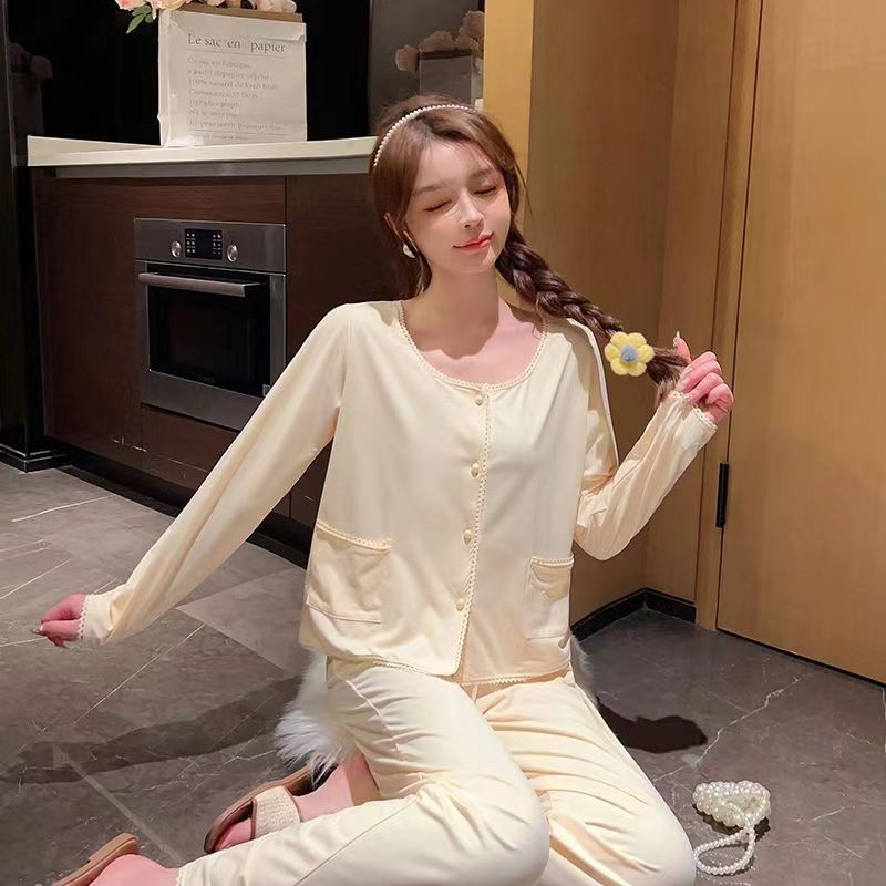 2024 new spring and summer round neck lace long-sleeved pajamas cardigan two-piece suit home wear high-end solid color sweet