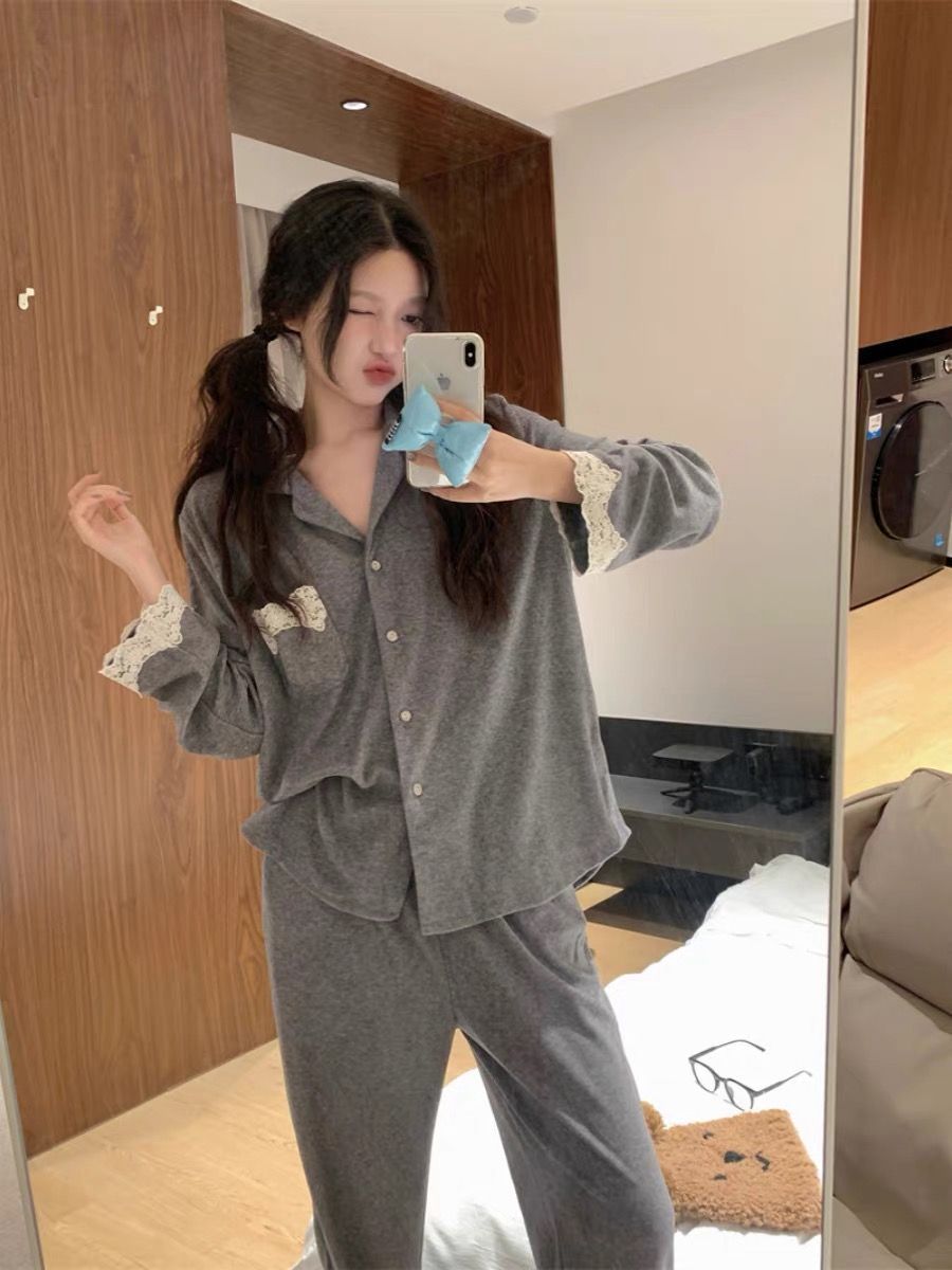 Long-sleeved new Korean style high-end pajamas spring and autumn lace casual simple cardigan trousers home wear set