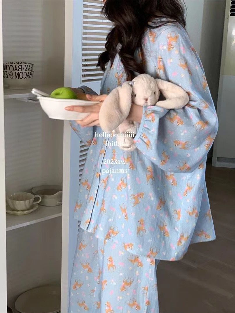 Korean style ins style cute deer round neck pajamas for women spring and autumn new long-sleeved trousers outer wear home clothes set