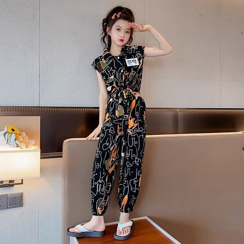 女童夏季潮流水墨畫無袖套裝2024新款中大童洋氣休閒薄款兩件套