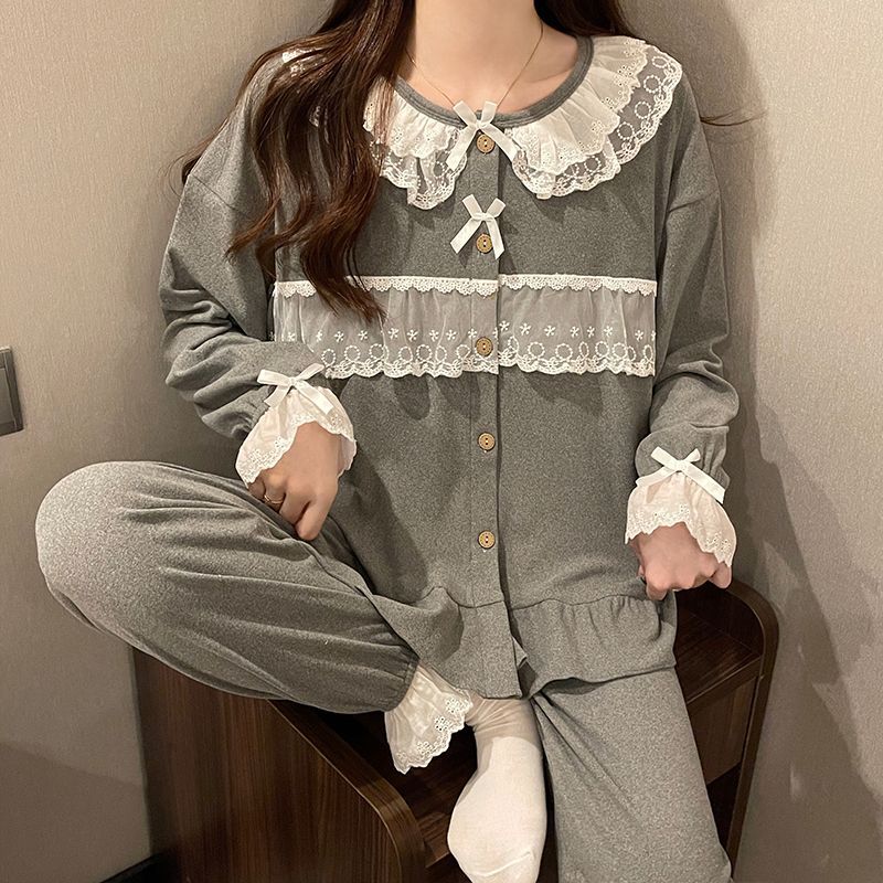 Spring and summer simple Korean version princess doll pajamas lace imitation cotton long-sleeved warm sweet cute set home clothes
