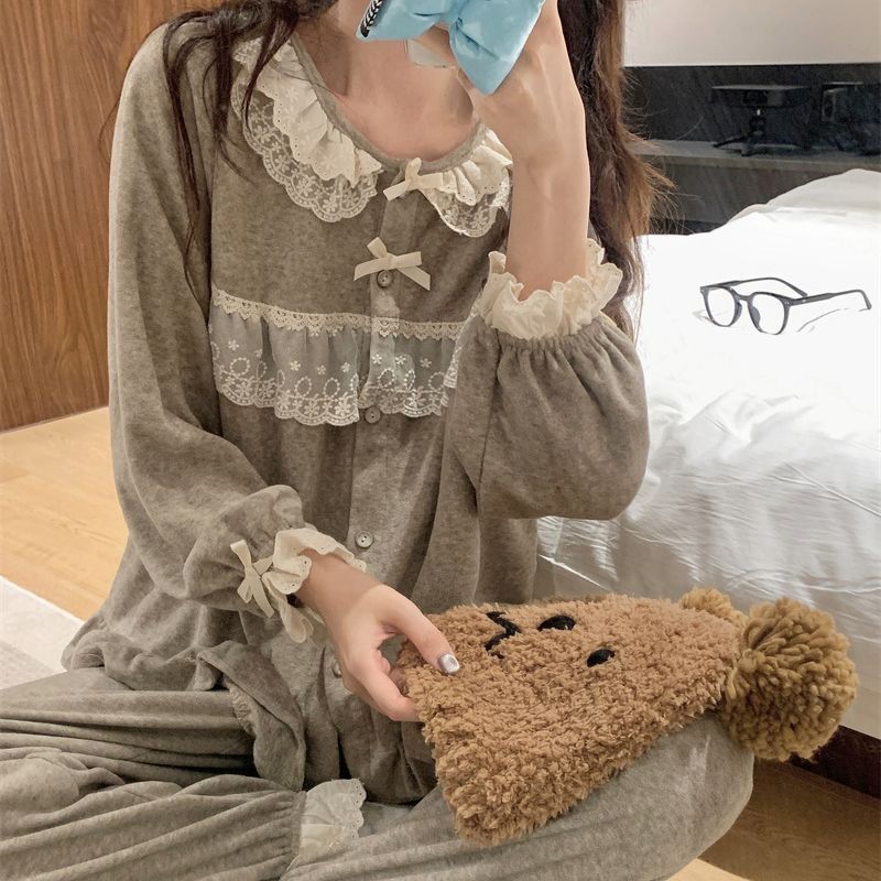 Spring and summer simple Korean version princess doll pajamas lace imitation cotton long-sleeved warm sweet cute set home clothes