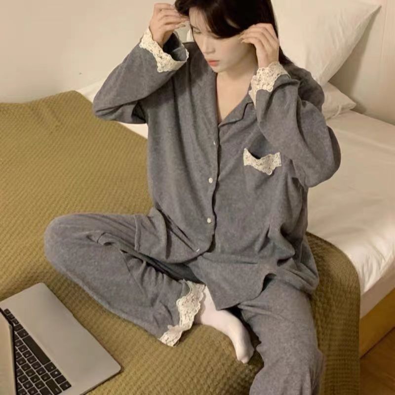 Long-sleeved new Korean style high-end pajamas spring and autumn lace casual simple cardigan trousers home wear set