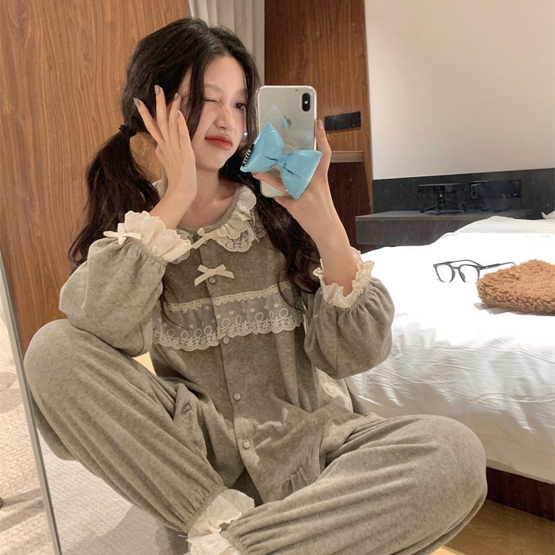 Popular Spring and Summer Princess Cute Korean Style Pajamas Lace Comfortable Imitation Cotton Long Sleeves Sweet Outerwear Suits Home Clothes