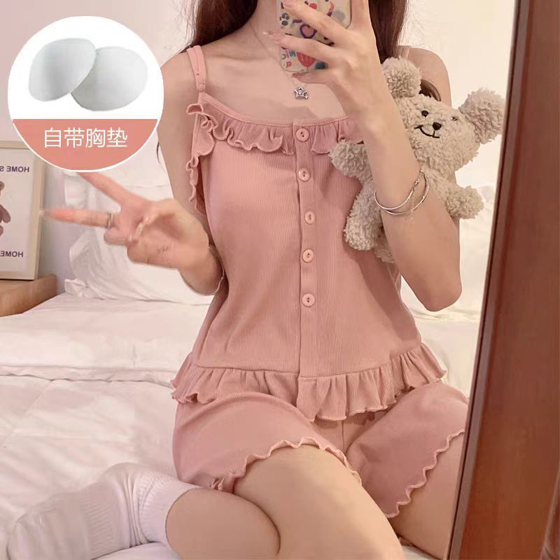 2024 New Pajamas with Breast Pads for Women Summer Suspender Shorts Two-piece Set Pure Cotton Thin Internet Celebrity Summer Home Clothes