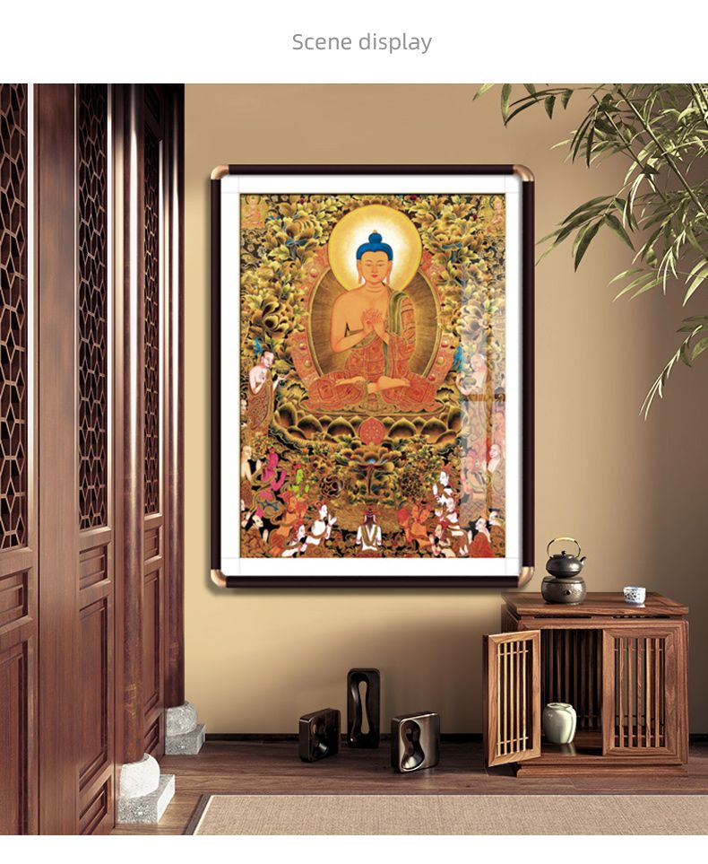 释迦牟尼佛像画唐卡挂画藏族客厅供桌佛祖壁画佛堂背景装饰画带框 detail 5