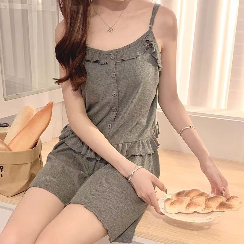 2024 New Style Two-piece Pajamas with Breast Pads and Suspenders, Imitation Cotton Girls High-End Thin Home Clothes Set Can Be Weared Outside