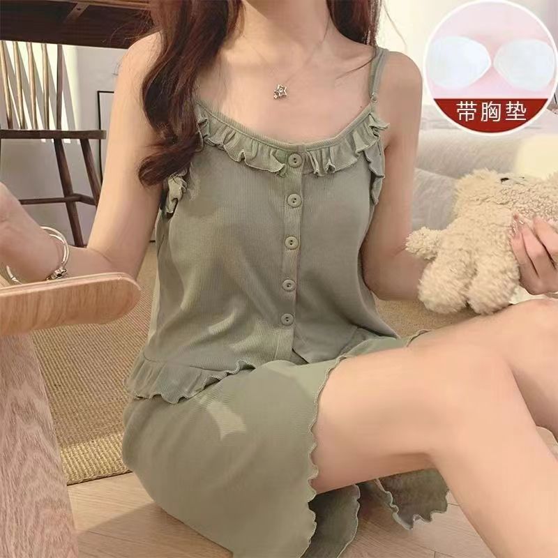 2024 New Pajamas with Breast Pads for Women Summer Suspender Shorts Two-piece Set Pure Cotton Thin Internet Celebrity Summer Home Clothes