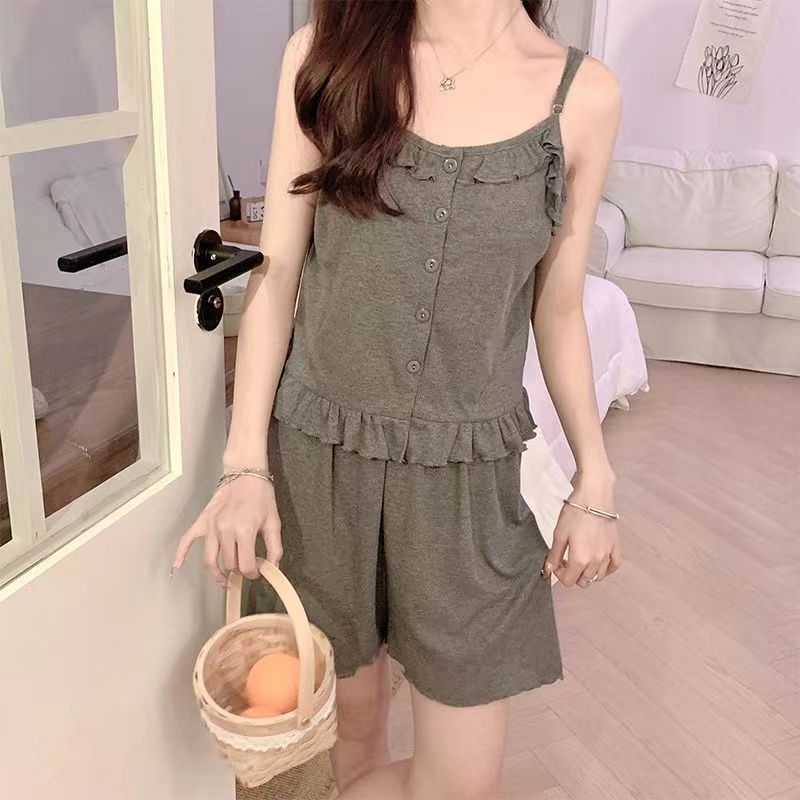 2024 New Style Two-piece Pajamas with Breast Pads and Suspenders, Imitation Cotton Girls High-End Thin Home Clothes Set Can Be Weared Outside