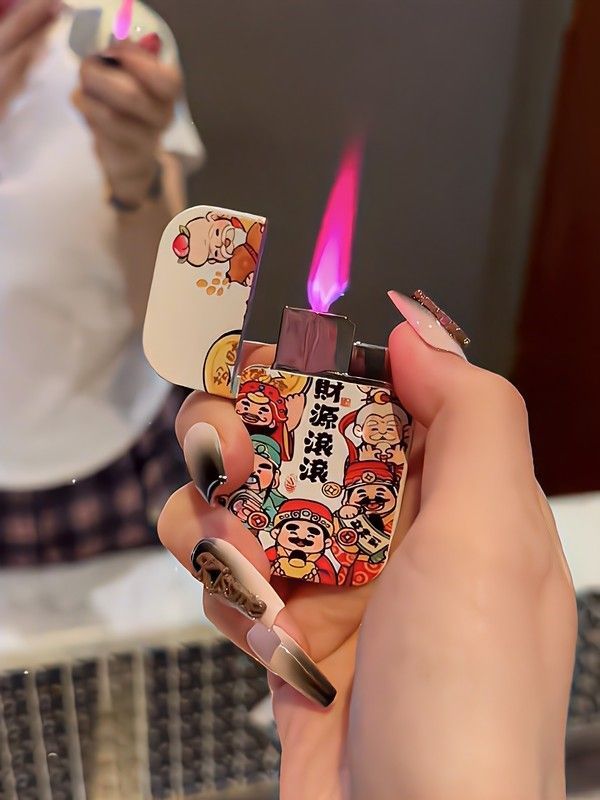 2024 New Year God of Wealth Makes Fortune Cartoon Inflatable Windproof Metal Lighter Pink Flame High-Looking Gift for Boyfriend