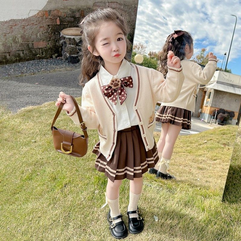 女童套裝春秋2024新款洋氣兒童jk裙子女寶寶時髦學院風三件套春裝