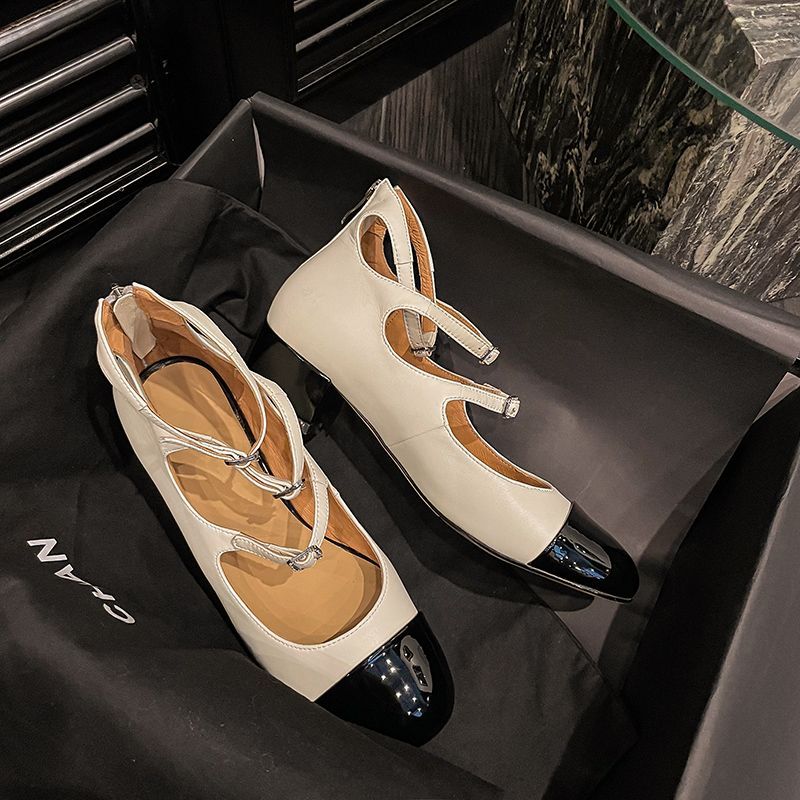 Mary Jane shoes for women retro thick heels high top hollow three-belt high heels mid-heel color-blocking single shoes for women