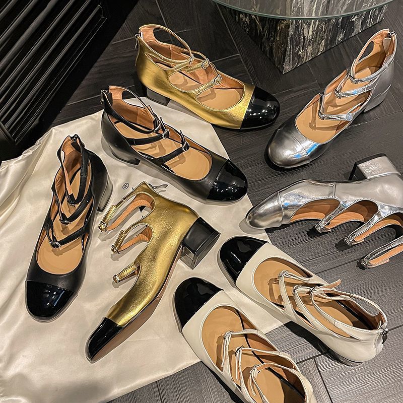 Mary Jane shoes for women retro thick heels high top hollow three-belt high heels mid-heel color-blocking single shoes for women