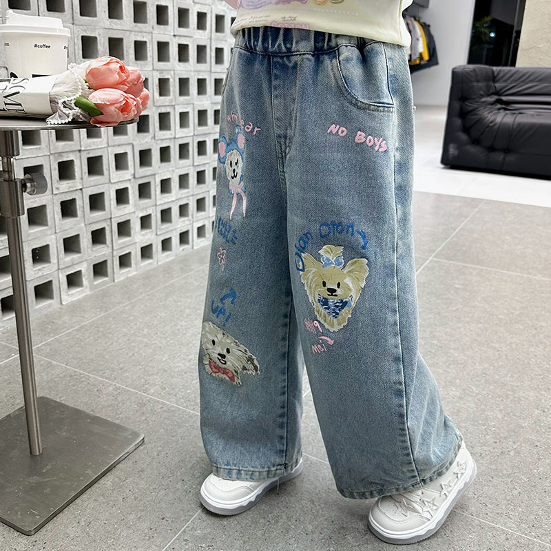 女童牛仔褲春秋款2024新款時髦洋氣女寶寶塗鴉闊腿褲春季兒童褲子