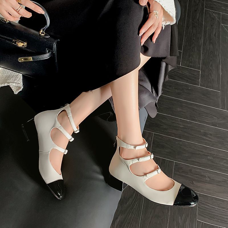 Mary Jane shoes for women retro thick heels high top hollow three-belt high heels mid-heel color-blocking single shoes for women