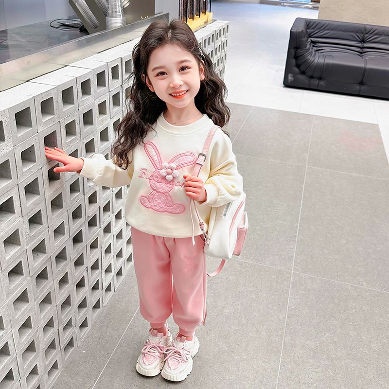 女童花朵兔套裝春秋款2024新款兒童洋氣女孩寶寶春季春裝衛衣運動