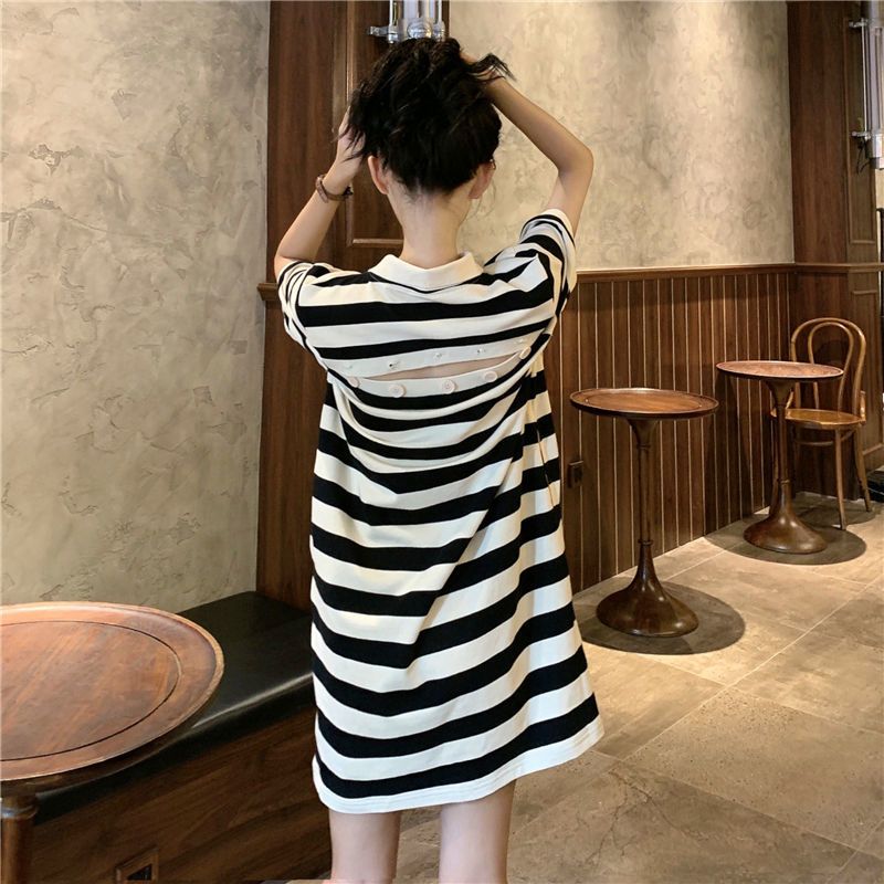 Fat girl extra large size backless striped T-shirt dress summer loose fit to hide belly and make you slim 300 pounds POLO collar dress