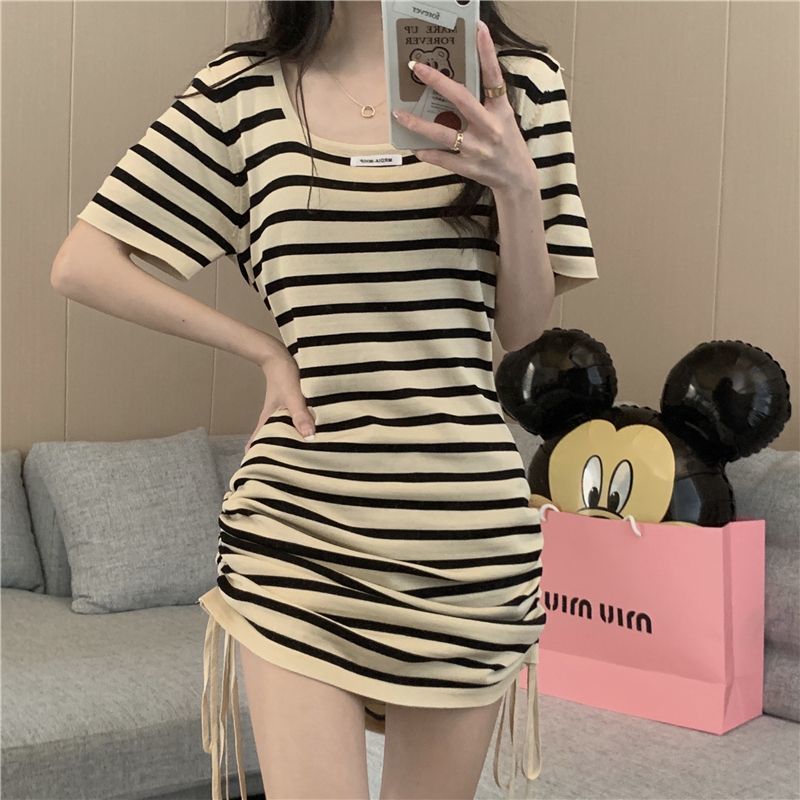 Square neck drawstring waist striped dress fat mm extra large size 300 pounds summer design hip-hugging pleated T-shirt skirt