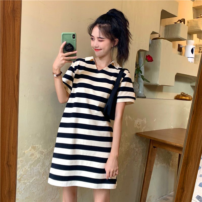 Fat girl extra large size backless striped T-shirt dress summer loose fit to hide belly and make you slim 300 pounds POLO collar dress