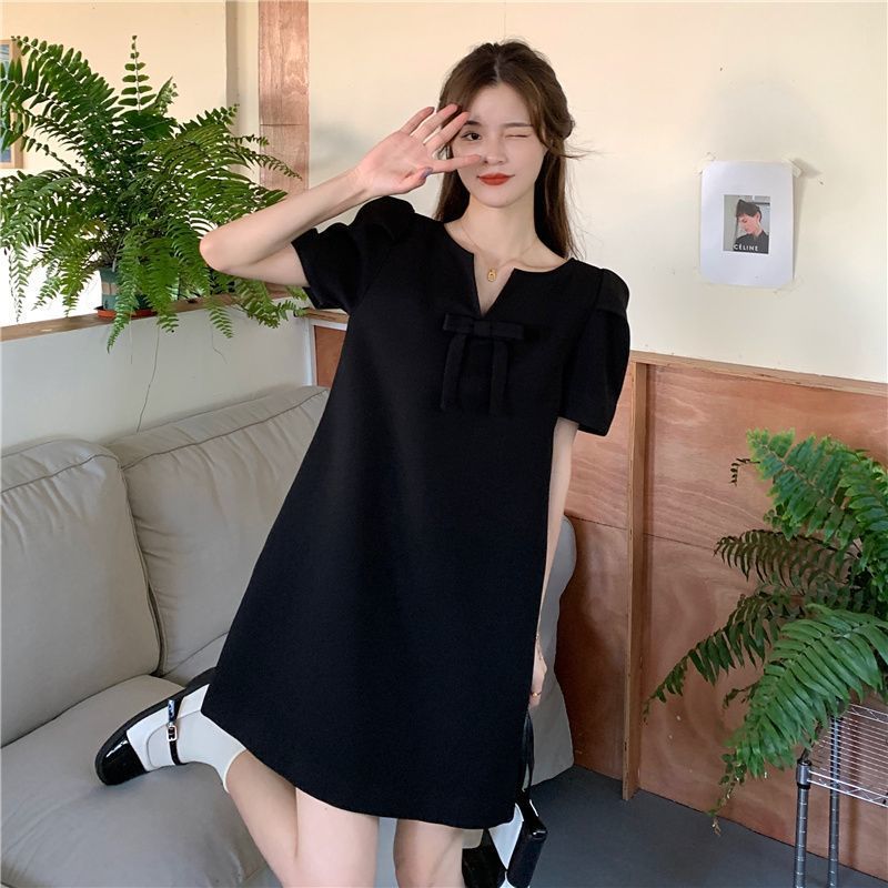 Bow puff sleeves v-neck dress for fat girls extra large size 300 pounds summer loose black skirt that covers the belly and looks slimming