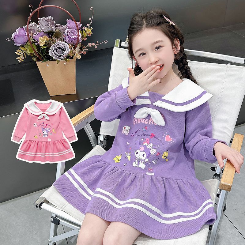 Girls' college style Kuromi dress, spring and autumn children's wear, navy collar cartoon sweatshirt dress, sweet princess dress
