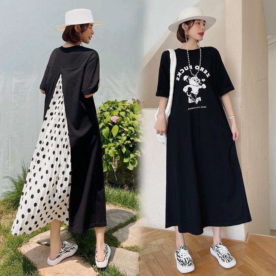 Fat MM Extra Large Size 300 Jin Maternity Long Skirt Summer Loose Covering Belly and Hiding Meat Showing Slimming Spliced ​​Polka Dot T-shirt Dress