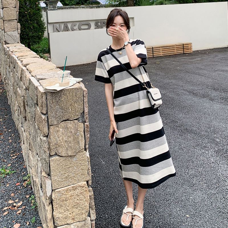 Retro Korean Striped T-shirt Dress Fat MM Extra Large Size 300 Jin Summer Loose Belly Covering Slimming Embroidered Long Skirt