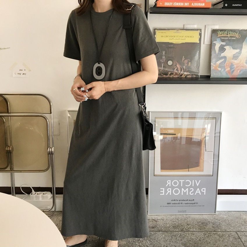 Fat MM Extra Large Size 300 Jin Maternity T-shirt Long Skirt Summer Loose Covering Belly and Hiding Meat Showing Slimming Over-the-Knee Solid Color Dress