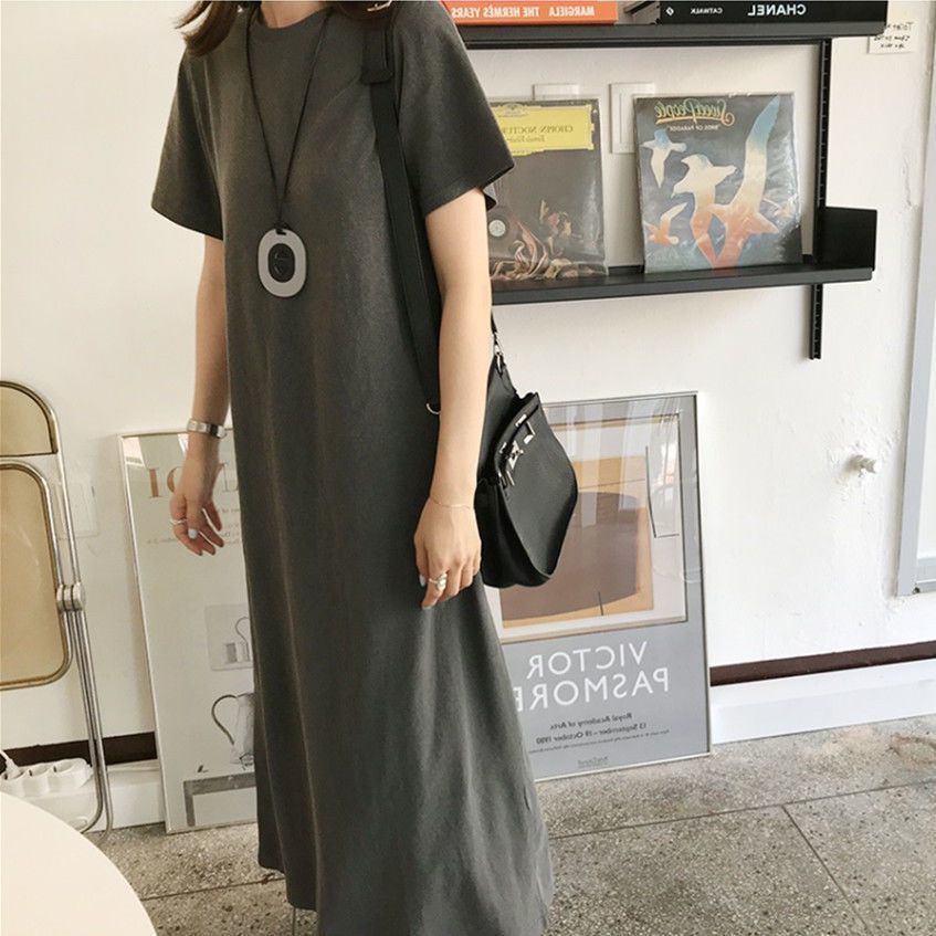 Fat MM Extra Large Size 300 Jin Maternity T-shirt Long Skirt Summer Loose Covering Belly and Hiding Meat Showing Slimming Over-the-Knee Solid Color Dress