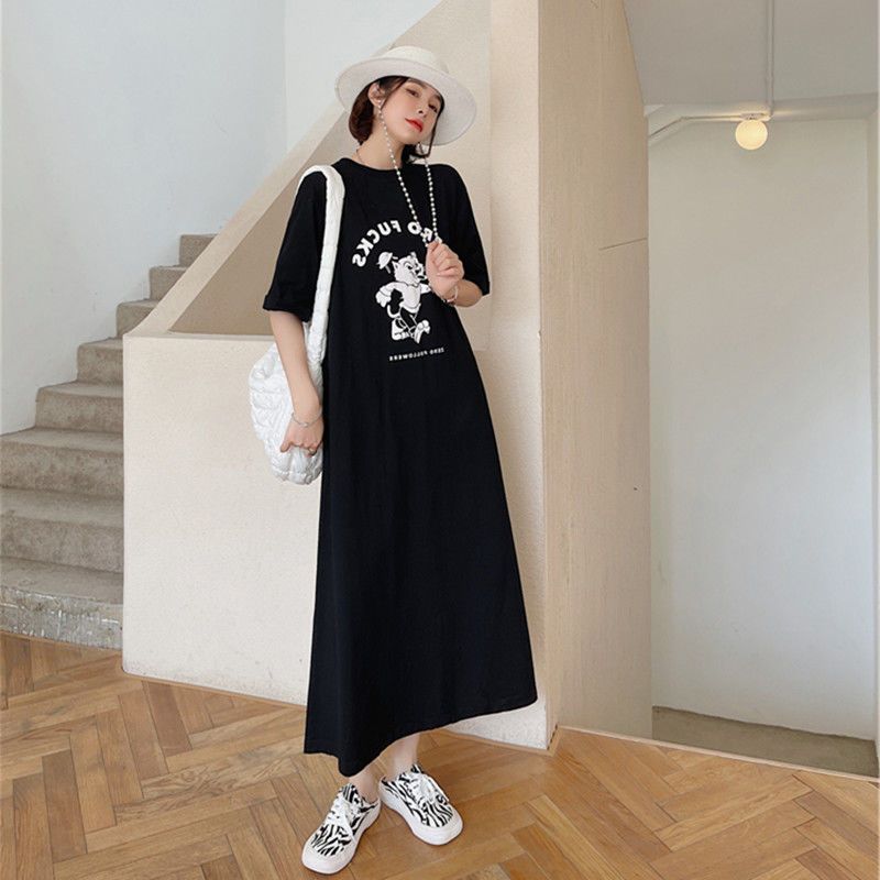 Fat MM Extra Large Size 300 Jin Maternity Long Skirt Summer Loose Covering Belly and Hiding Meat Showing Slimming Spliced ​​Polka Dot T-shirt Dress