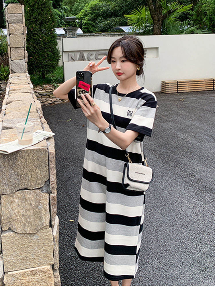 Retro Korean Striped T-shirt Dress Fat MM Extra Large Size 300 Jin Summer Loose Belly Covering Slimming Embroidered Long Skirt