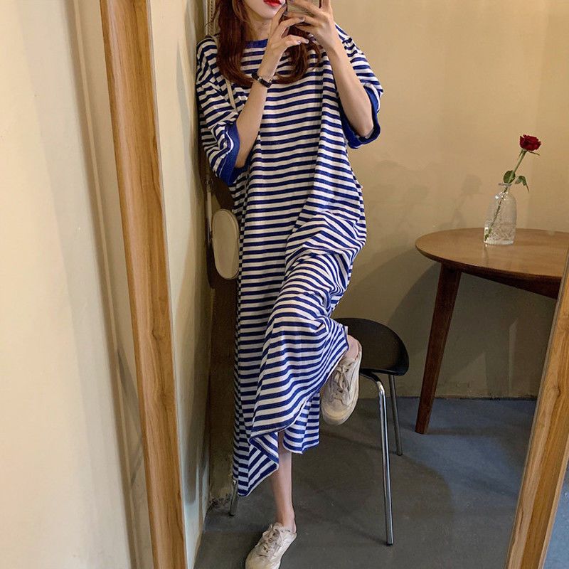 Fat MM Extra Large Size 300 Jin Striped Long Skirt 2024 Summer Loose Fat-hiding Skinny Short-Sleeved Over-the-Knee T-Shirt Dress