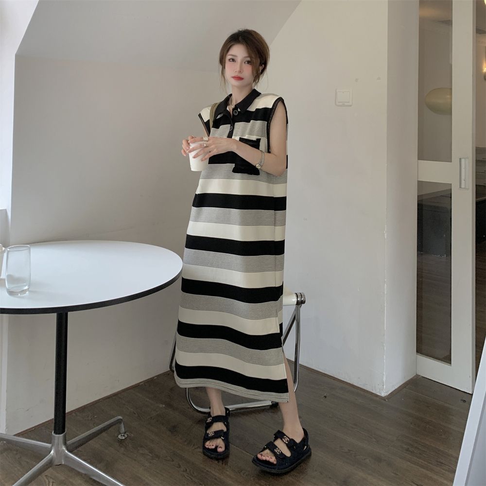 Striped lapel sleeveless backless dress for fat girls, extra large size 300 pounds, summer loose, flesh-covering, slimming vest dress