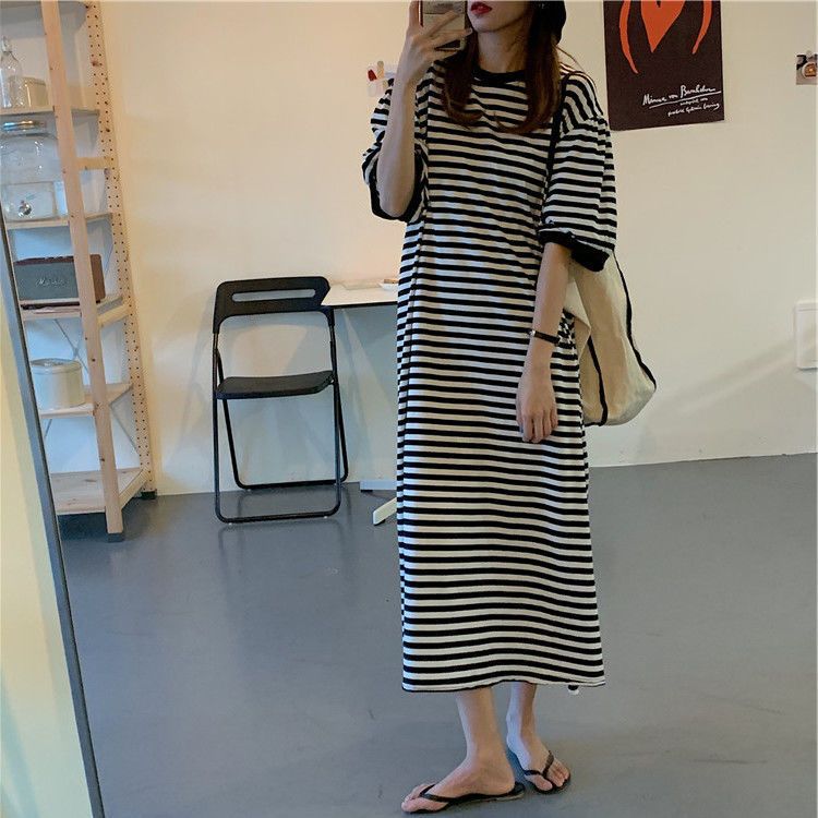 Fat MM Extra Large Size 300 Jin Striped Long Skirt 2024 Summer Loose Fat-hiding Skinny Short-Sleeved Over-the-Knee T-Shirt Dress