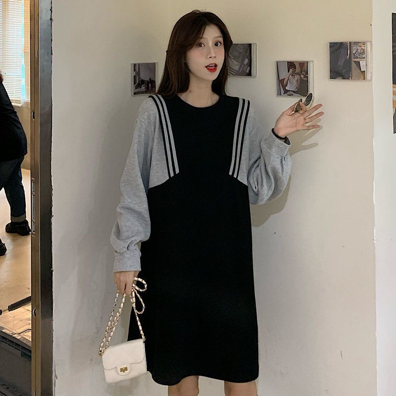 Fat MM extra large size 300 pounds mid-length sweatshirt dress spring and autumn loose and slimming stitching contrasting color dress