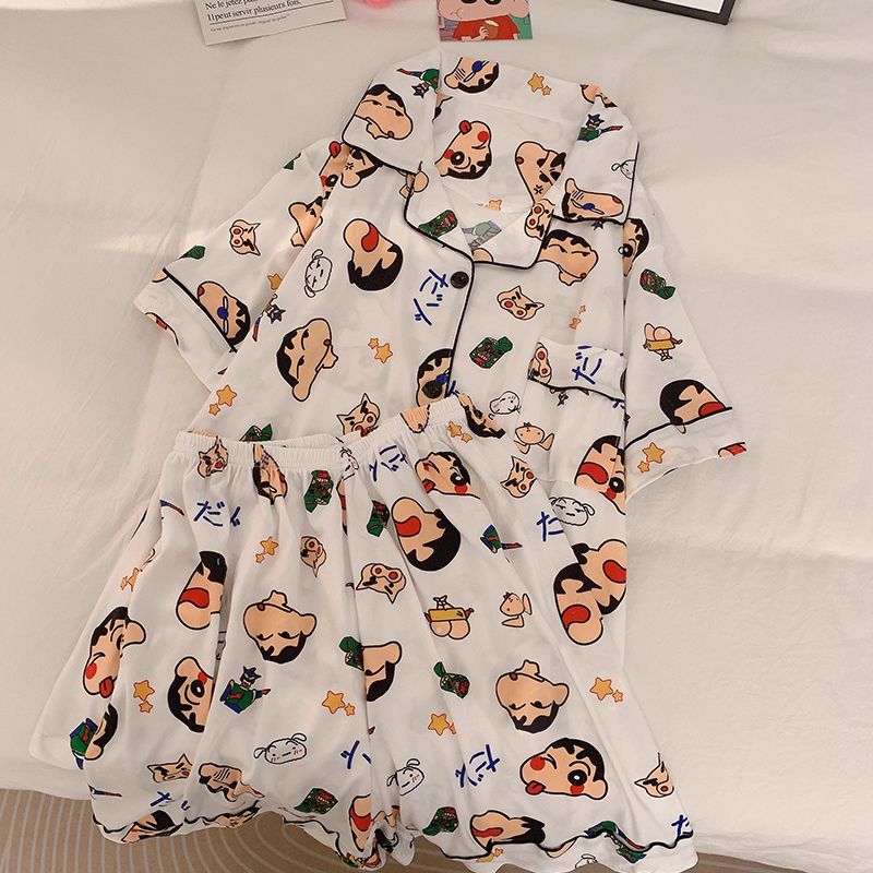Ins style cute Crayon Shin-chan pajamas women's summer three-piece suit short-sleeved trousers student home clothes can be worn outside