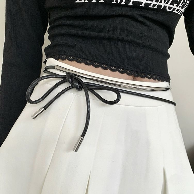 Spring and summer new niche black leather waist long metal round wax rope knot belt decorative chain_voghion.com