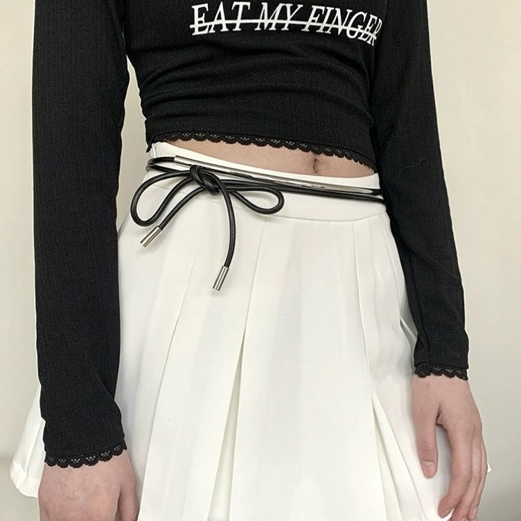 Spring and summer new niche black leather waist long metal round wax rope knot belt decorative chain_voghion.com