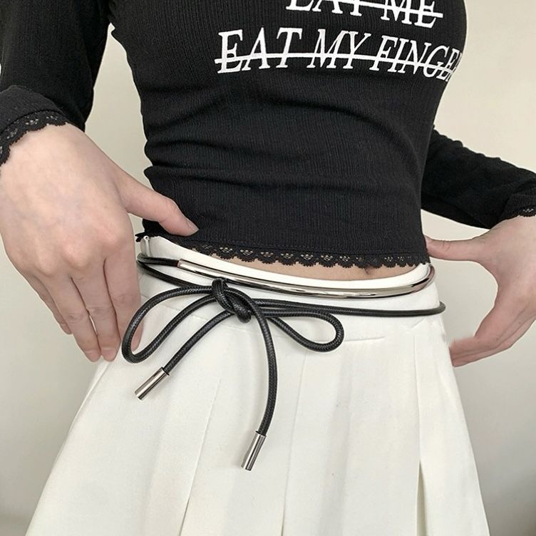 Spring and summer new niche black leather waist long metal round wax rope knot belt decorative chain_voghion.com