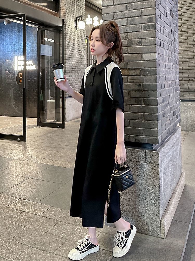 Stitched contrasting color POLO collar dress for obese women, extra large size 300 pounds, summer loose, flesh-covering, slimming over-the-knee long skirt